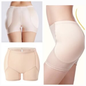 Three images of shapewear shorts in a nude color, showcasing different angles and styles.