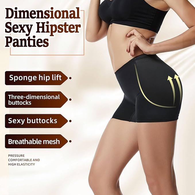 Model wearing sexy hipster panties showcasing a defined hip lift and three-dimensional design.