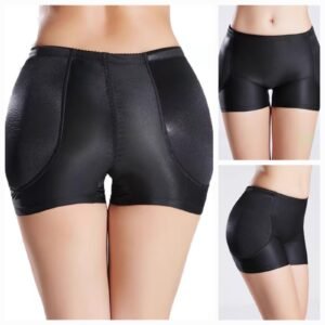 A model showcasing black seamless shorts from multiple angles.