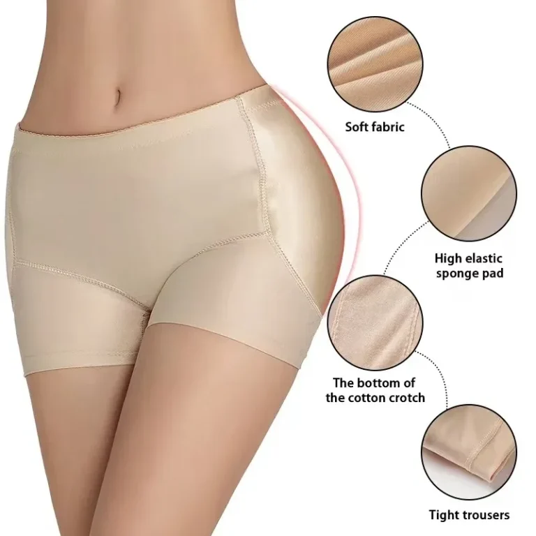 Close-up view of a woman wearing nude-colored shapewear shorts, highlighting fabric details.