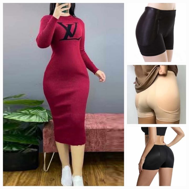 A woman in a red ribbed dress posing next to images of hip enhancer pads.