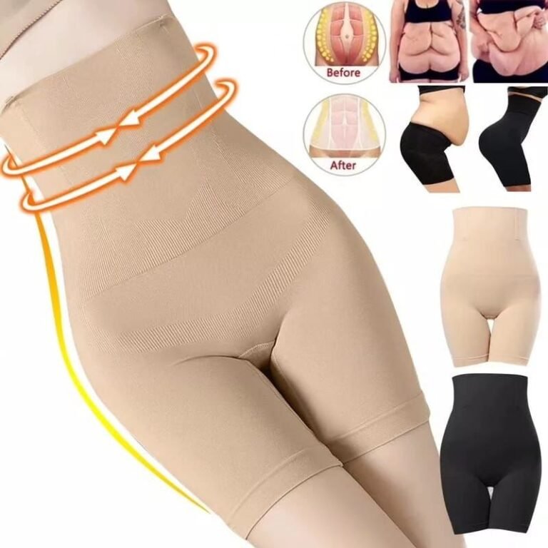 A close-up of slimming shapewear in beige, with before and after images demonstrating body transformation.