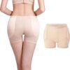 A woman wearing beige shapewear shorts, showing the back view, with a close-up of a similar style of underwear displayed beside her.