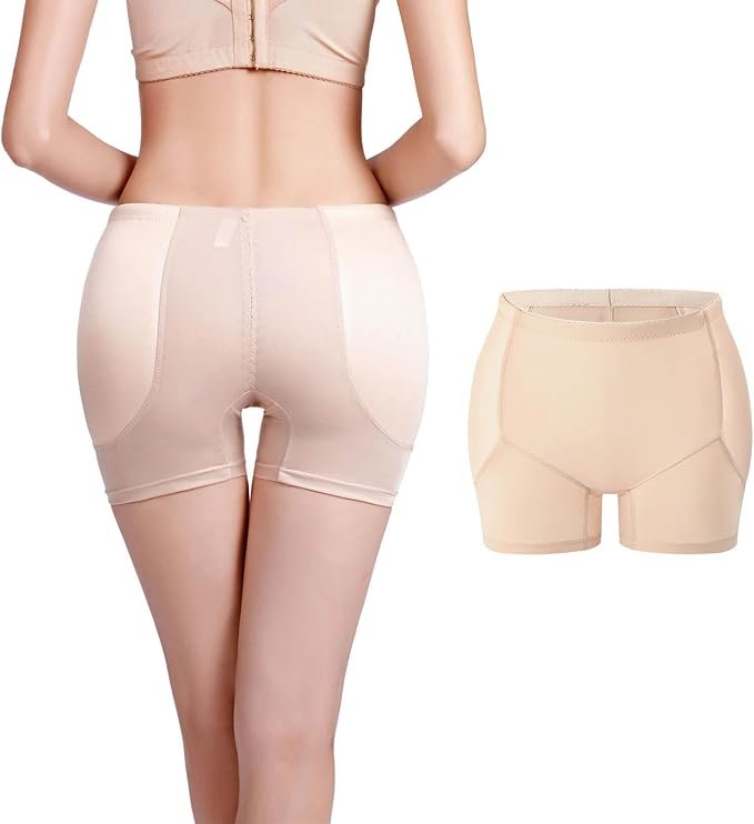 A woman wearing beige shapewear shorts, showing the back view, with a close-up of a similar style of underwear displayed beside her.