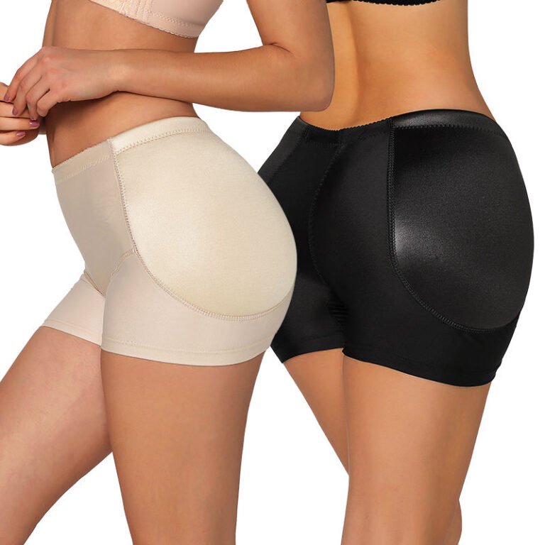 Two women wearing shaping shorts in beige and black, showcasing different colors and styles.