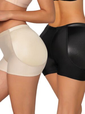 Two women wearing bodysuit shapewear, one in beige and the other in black, showcasing their silhouettes from the back.