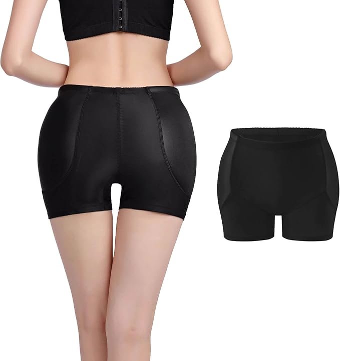 A person wearing black shorts, viewed from behind, with a close-up of a second pair of black shorts beside them.