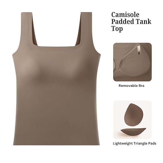 A plain brown camisole padded tank top displayed front view, featuring a square neckline and adjustable straps. Accompanying details highlight a removable bra and lightweight triangle pads.