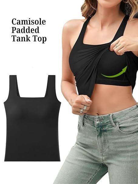 A woman wearing a black camisole padded tank top, demonstrating the garment by pulling it to show a hidden feature. Next to her is a displayed image of the tank top.