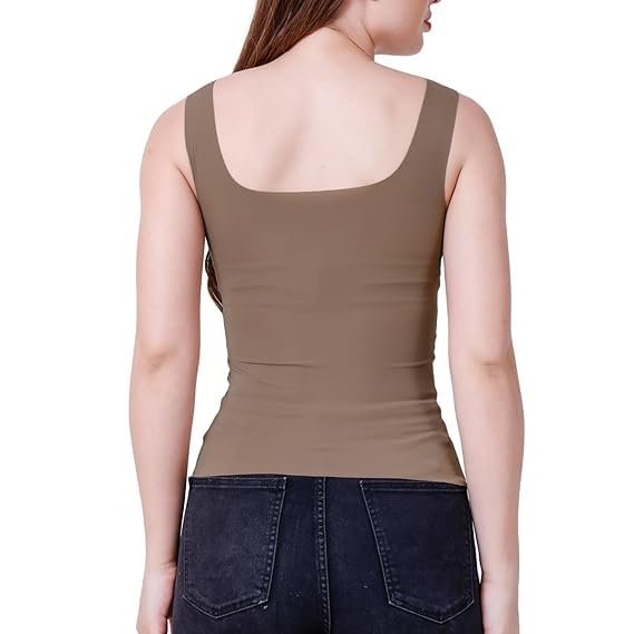 A young woman wearing a brown tank top, viewed from the back.