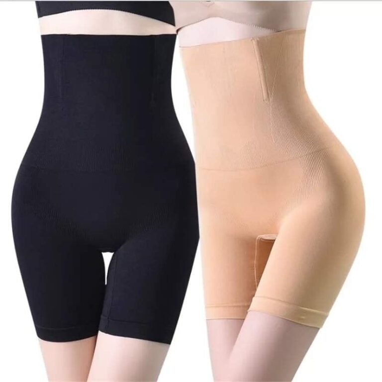 Two pairs of high-waisted shapewear shorts in black and nude colors displayed on a mannequin.