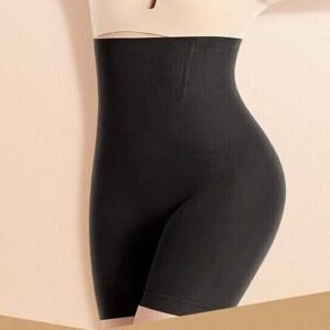 High-waisted black shapewear shorts displayed on a plain background.