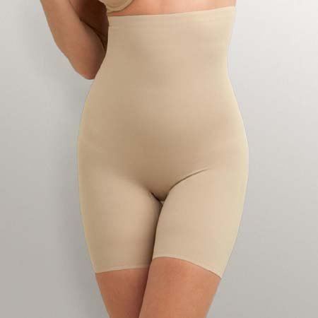 A pair of nude-colored high-waisted shaping shorts designed to provide support and a smooth silhouette.