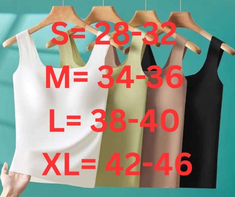 Four tank tops in various colors displayed on hangers, with size labels indicating S, M, L, and XL.