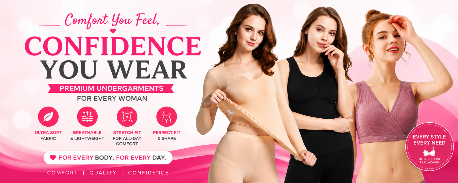 Three women showcasing different premium undergarments against a pink background with promotional text.
