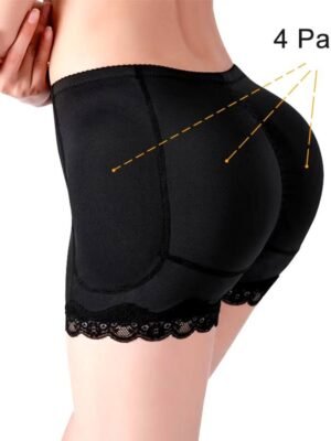 Black shapewear with padded hip and butt enhancement, showing four pads and lace trim.