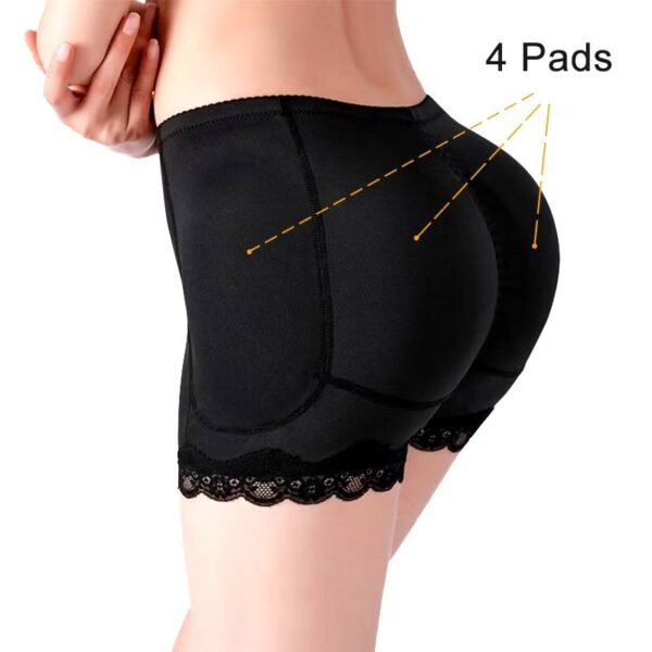 Black shapewear with padded hip and butt enhancement, showing four pads and lace trim.