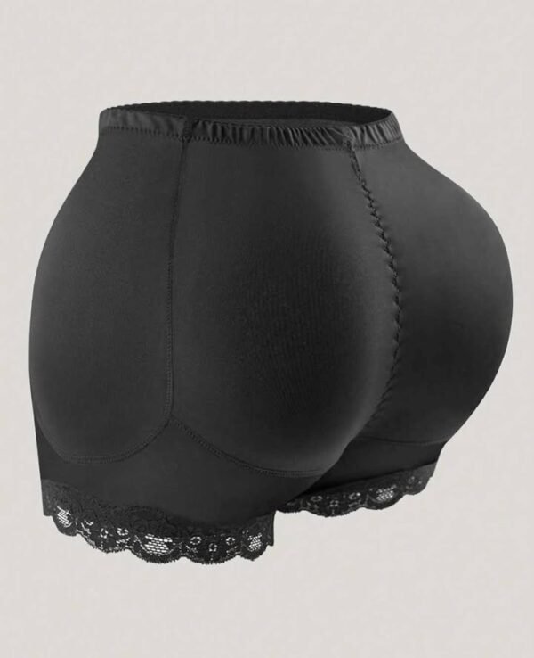 Black shapewear in a hip and butt enhancing style, featuring lace trim at the bottom.