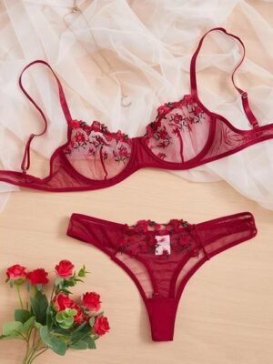 Floral Embroidery Sheer Bra & Thong Set
