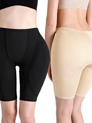 Two pairs of hip shaping pants, one in black and one in beige, displayed side by side.