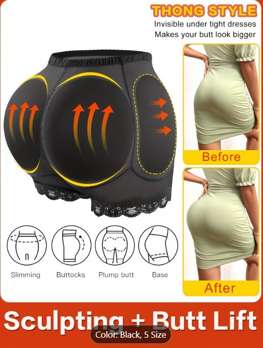 A black shapewear designed to enhance hip and buttock shape, featuring a thong style and illustrations of the garment’s effect.
